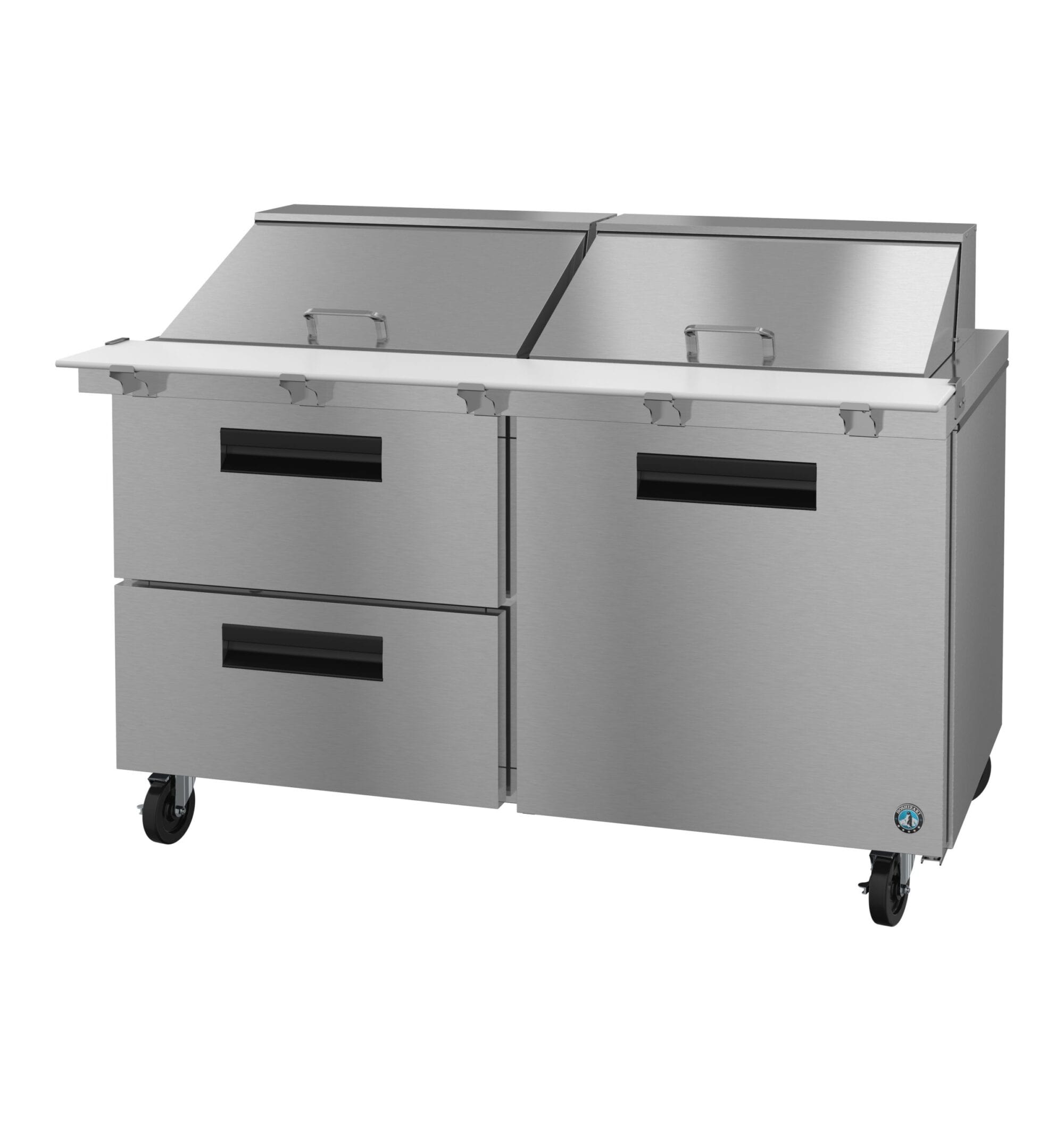 Hoshizaki Hoshizaki SR60B-24MD2 Mega Top Prep Refrigerator – 60" Two-Section, 24 Pan Capacity, One Door & Two Drawers