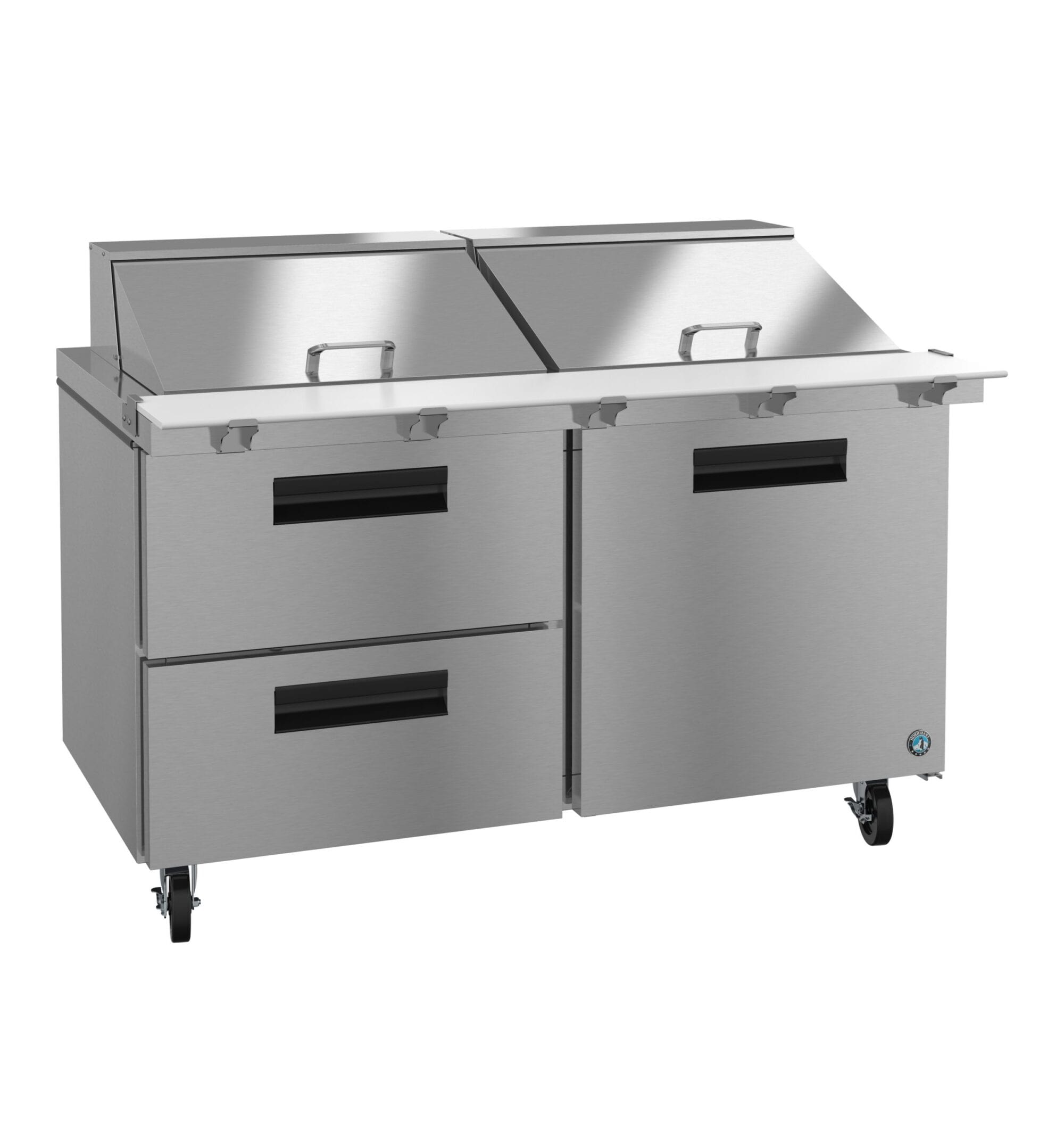 Hoshizaki Hoshizaki SR60B-24MD2 Mega Top Prep Refrigerator – 60" Two-Section, 24 Pan Capacity, One Door & Two Drawers