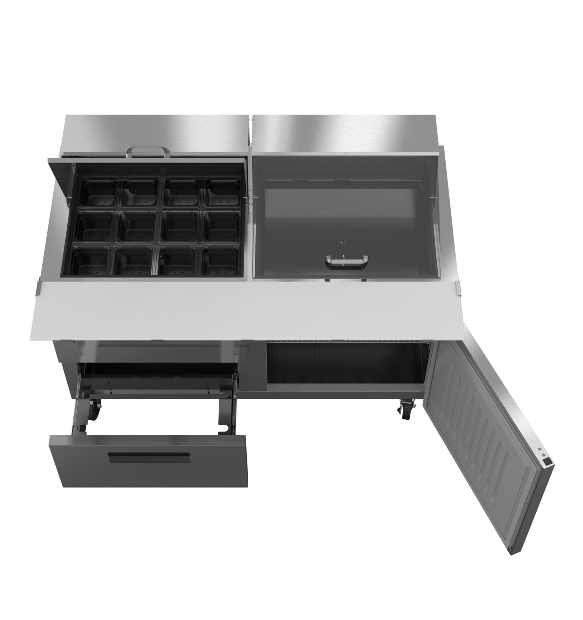 Hoshizaki Hoshizaki SR60B-24MD2 Mega Top Prep Refrigerator – 60" Two-Section, 24 Pan Capacity, One Door & Two Drawers