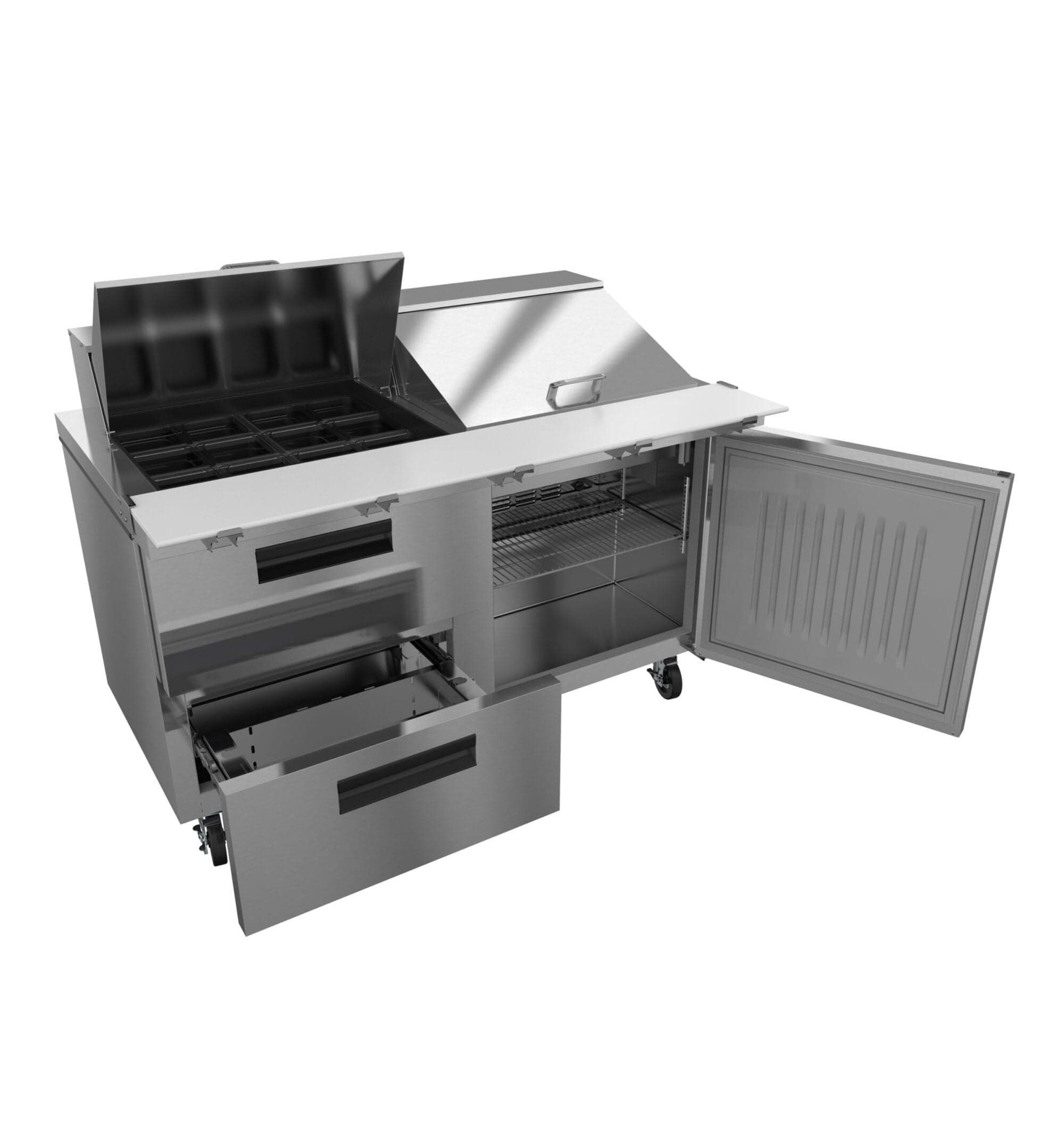 Hoshizaki Hoshizaki SR60B-24MD2 Mega Top Prep Refrigerator – 60" Two-Section, 24 Pan Capacity, One Door & Two Drawers