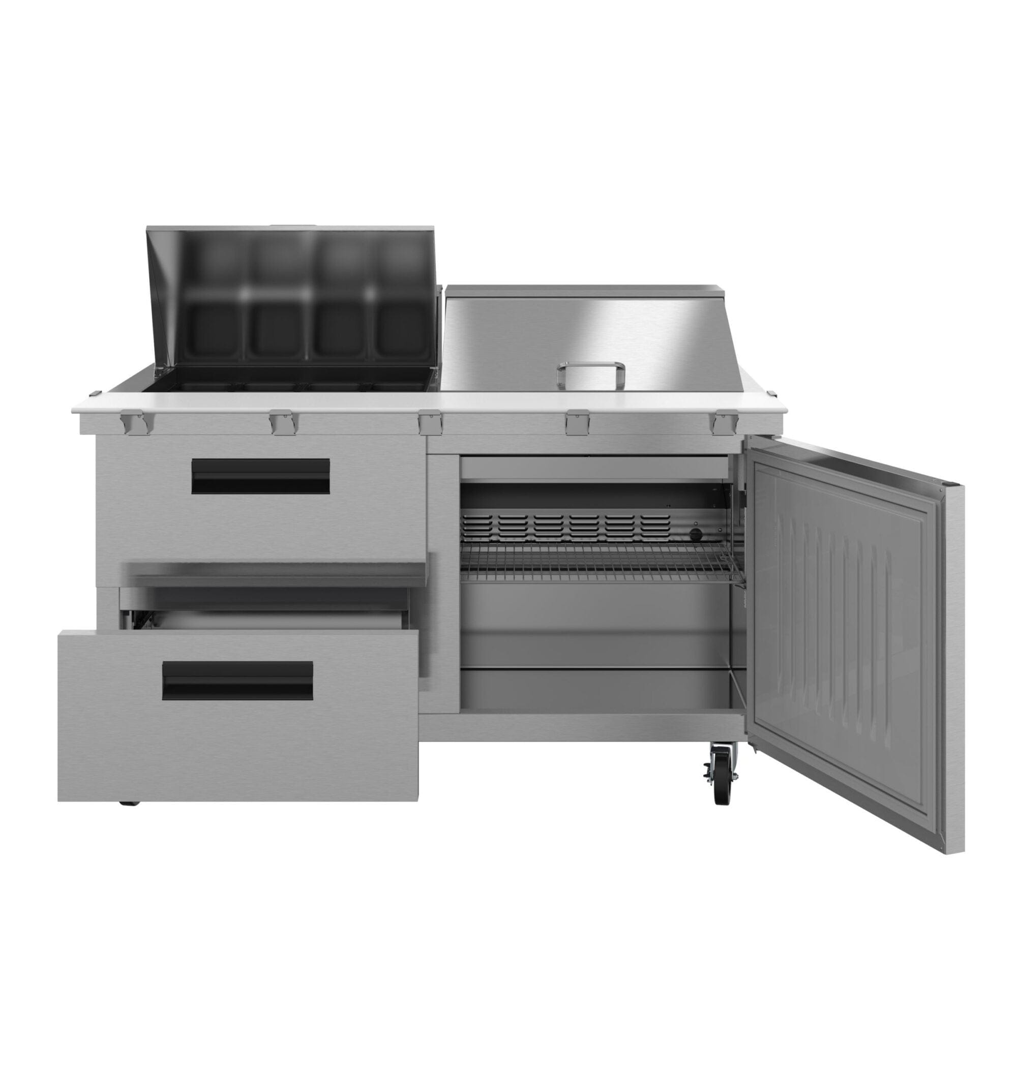 Hoshizaki Hoshizaki SR60B-24MD2 Mega Top Prep Refrigerator – 60" Two-Section, 24 Pan Capacity, One Door & Two Drawers